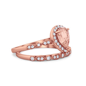 Teardrop Engagement Piece Ring Band Rose Tone, Simulated Morganite CZ 925 Sterling Silver
